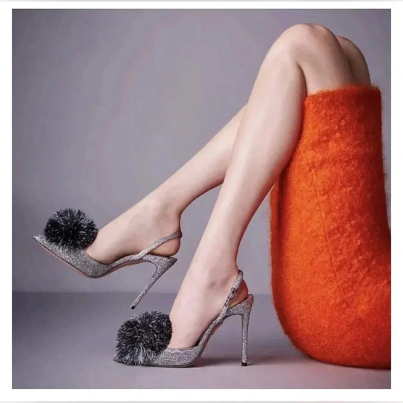 AQUAZZURA SILVER POMPOM SLINGBACK SANDALS - Picture 2 of 10